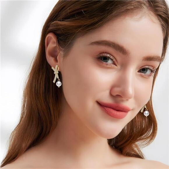 Pearl Bow Earrings | 18K Gold Plated Studs | Dainty Minimalist Jewelry - Picture 2 of 6